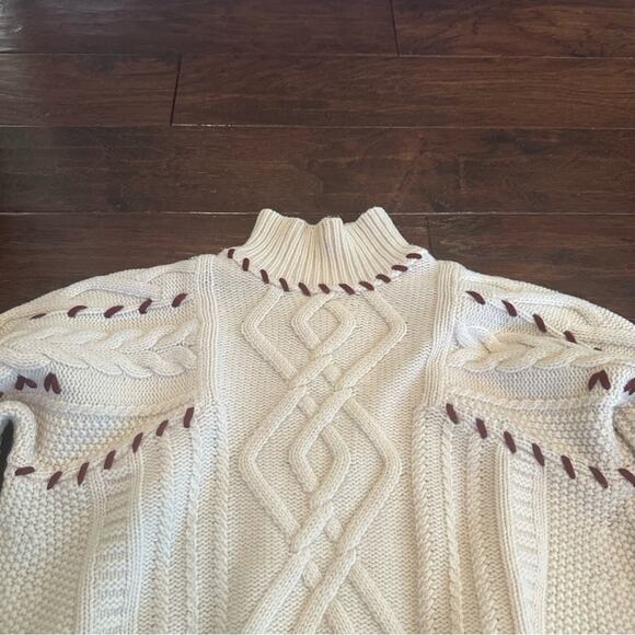 BA&SH Eba Cable Knit Mock Neck Wool Pullover Sweater Small Cream Maroon - Picture 5 of 14